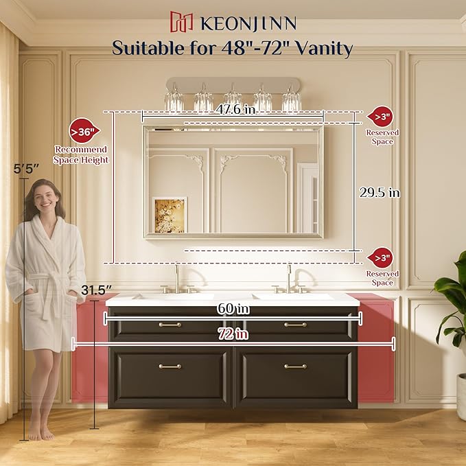 Keonjinn 48" x 30" Black Bathroom Vanity Mirror, Aluminum Alloy Framed Black Mirror, Beveled Edge Tempered Glass, Shatterproof, Transitional Bathroom Mirrors for Over Sink(Vertical/Horizontal)