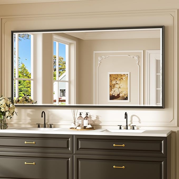 Keonjinn 72" x 36" Large Black Bathroom Vanity Mirror, Brushed Black Framed Mirror for Wall, Tempered Glass with Beveled Edge, Sculpted Aluminum Alloy Frame, Oversized Bathroom Mirrors for Over Sink