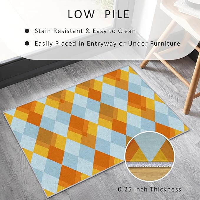 Washable 4x4 Diamond Rug Living Room, Geometric Orange and Blue Plaid Design Area Rugs for Bedroom, Diamond Home Decor Carpet, Low Pile, Non Slip, Kids & Pet Friendly (N4137)