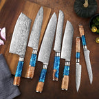 SENKEN 15-Piece Damascus Knife Block Set - "Tsunami" Collection Japanese Chef Knife Set - 67-Layer Japanese VG10 Steel Blades, Includes Chef Knife, Cleaver, 6 Steak Knives (Blue)