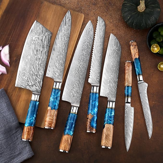 SENKEN 15-Piece Damascus Knife Block Set - "Tsunami" Collection Japanese Chef Knife Set - 67-Layer Japanese VG10 Steel Blades, Includes Chef Knife, Cleaver, 6 Steak Knives (Blue)