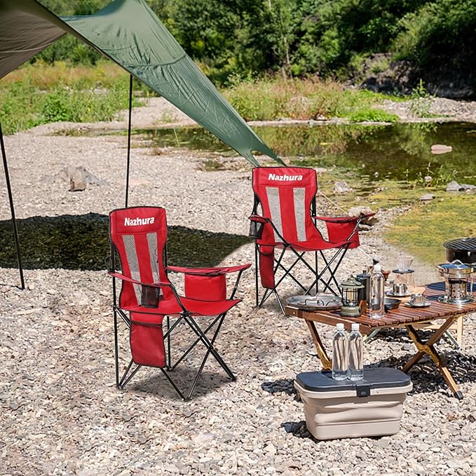 Nazhura 2 Pack Outdoor Camping Chairs Folding/Foldable/Portable with Cooler Pouch, Mesh Backrest and Cup Holder Pocket(Red, 2 Pack)