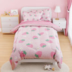 SANDJEST Strawberry Comforter Set Full Size 98x86in for Kids Girls, Microfiber 4 Pcs Bedding Set Includes 1 Comforter, 2 Pillowcases, 1 Fitted Sheet, Nursery Room Decor