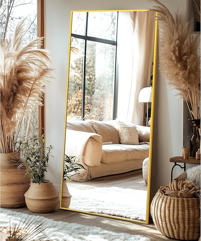 Delma Full Length Standing Mirror,Large Floor Mirror with Aluminum Frame for Bedroom, Bathroom, Living Room,Wall Mount or Freestanding Design(with Stand,Rect 75x35-Gold)