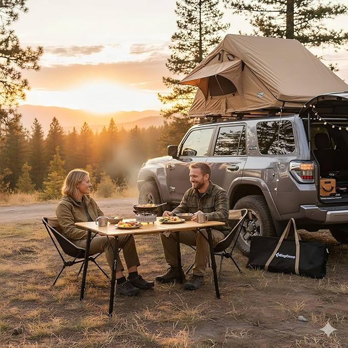 KingCamp Bamboo Folding Table, 4-Fold Camping Adjustable Height Portable Outdoor Lightweight & Compact Table with Aluminum Frame for RV Picnic BBQ Tailgating