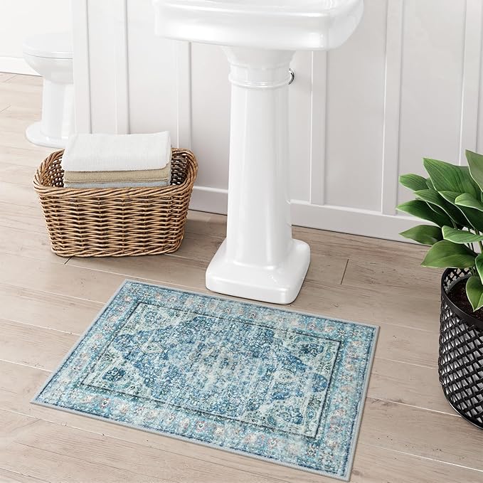 Uphome Light Blue Bathroom Rugs, Distressed Farmhouse Boho Bath Mat, Comfy Velvet Small Bath Rugs Non Slip Washable, Vintage Oriental Toilet Rug for Sink Shower Vanity, 18x26 inch