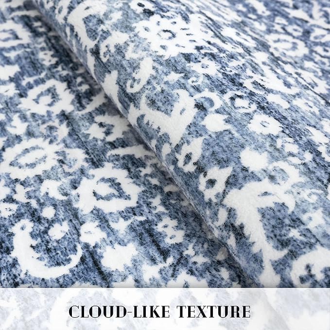 Runner Rug 2.6x12, Light Blue White Washable Long Hallway Rug Runner Non-Slip Soft Kitchen Runner Thin Printed Faux Wool Super Soft Carpet for Entryway Bedroom Laundry Room Indoor Home Decor