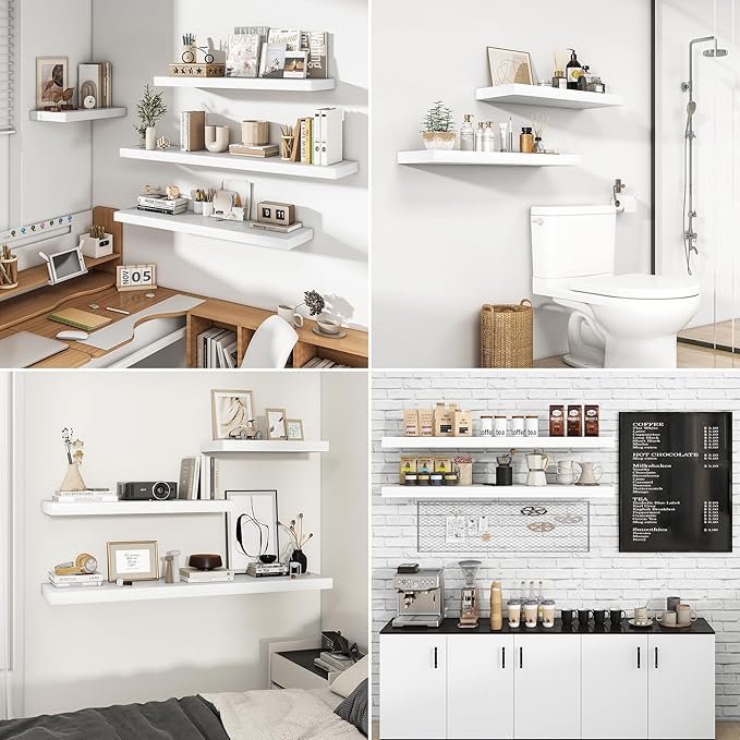 RICHFOCUS 16Inch Floating Shelves for Wall 2 Pack Shelves for Bedroom|Kitchen|Bathroom Wall Mounted Rustic Wood Floating Shelf with Invisible Brackets for Books|Storage|Decor, White