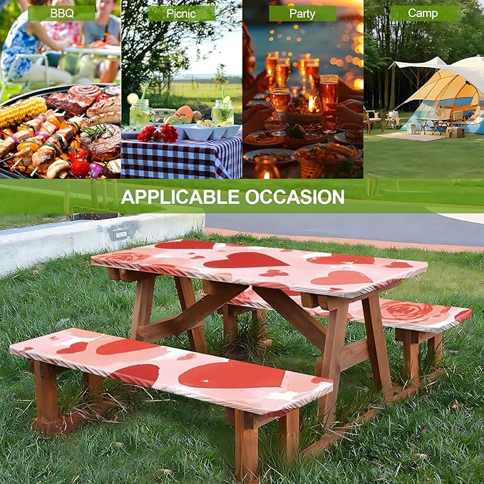 Hearts Picnic Table Cover with Bench Covers Set of 3-Pink Background with Roses,Elastic Fitted Tablecloth for 6 Ft Tables, Washable Polyester Cover for Valentines Day Camping, Indoor & Outdoor