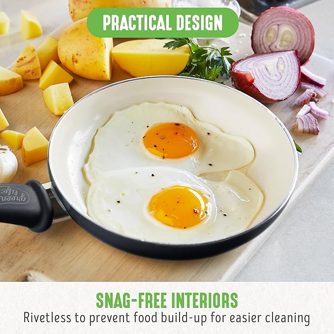 GreenLife Non Stick Fry Pan Set (7" & 10"), Non-Toxic PFAS-Free Ceramic Skillets, Dishwasher & Oven Safe, Egg Omelet Frying Pans, Stay- Cool Handles, Kitchen Home Cooking Essentials, Black and Cream