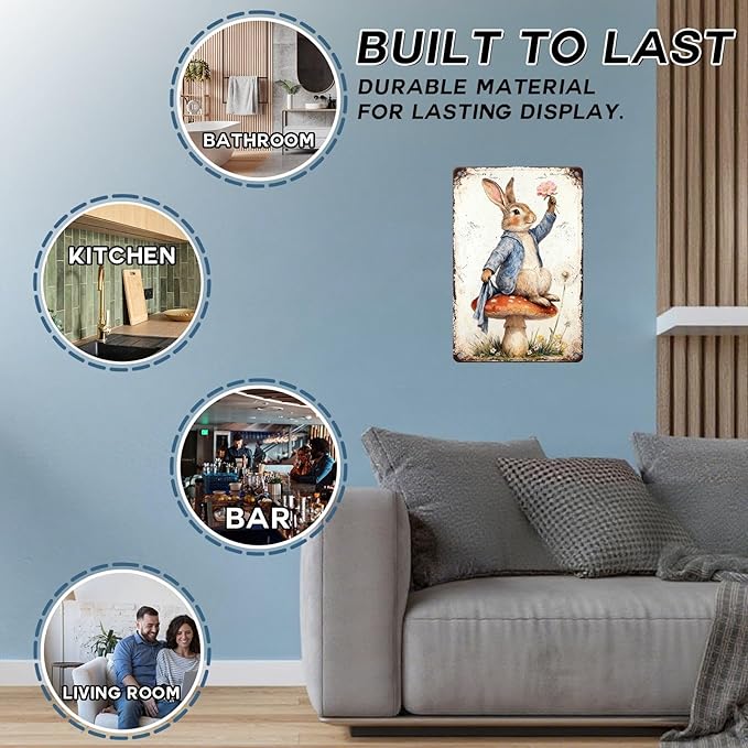 Easter Retro Rabbit Metal Sign Vintage Tin Wall Art Rustic Farmhouse Decor For Home Bar Living Room Spring Celebration 8x12Inch
