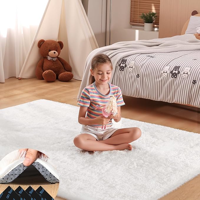 4x6 Cream White Rugs for Bedroom Living Room, Fluffy Small Area Rug Soft Shag Carpet for Kids Boys and Girls Room with 4 Rugs Non-Slip Stickers Dorm Home Decor (4ft x 6ft)