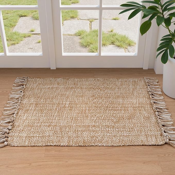 Collive Small Bathroom Rug, 2' x 3' Hand-Woven Low Profile Front Entryway Rug, Tan Cotton Reversible Washable Kitchen Mat Modern Farmhouse Carpet for Foyer Bedroom Back Door Decor