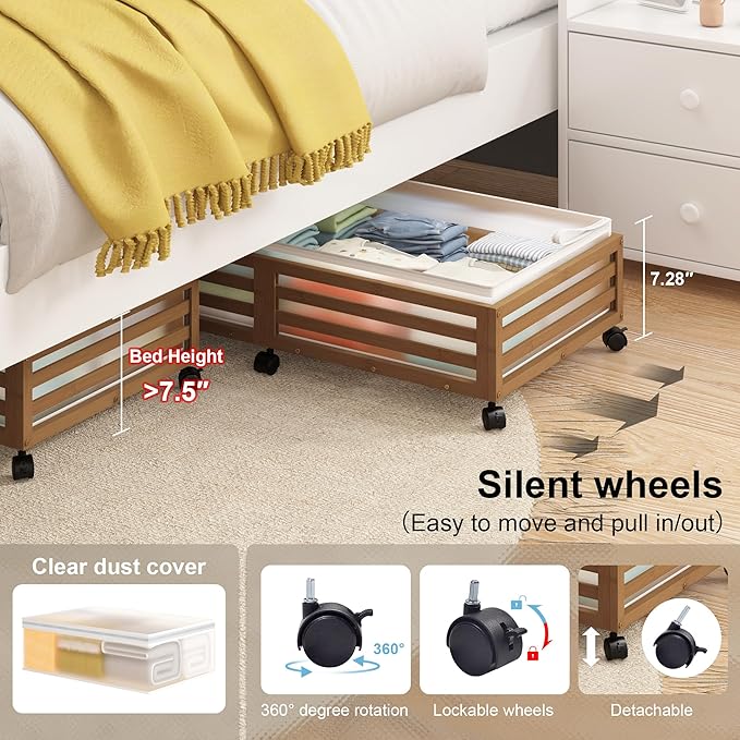 Under Bed Storage with Wheels-Large Bamboo Underbed storage Containers with Large Dust Bag Stackable Under the Bed Shoe Storage Bins for Clothes Books Bedding (2 Packs walnut, 33.07"L×16.54"W× 6.5"H)