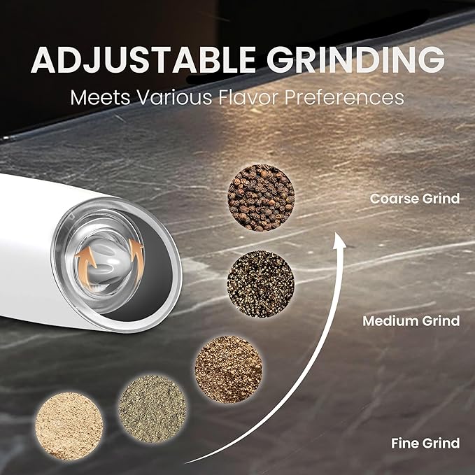 Rechargeable Salt And Pepper Grinder Set with LED Light, Automatic Electric Gravity Salt And Pepper Shakers Set, No Battery Needed, Adjustable Roughness, 2 Pack (White)
