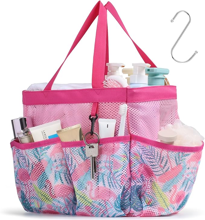 F-color Shower Caddy Portable - Mesh Shower Bag Basket Tote for College Dorm Room Essentials Bathroom Gym Camp Quick Dry for Women Men with S Hook, Pink Flamingo