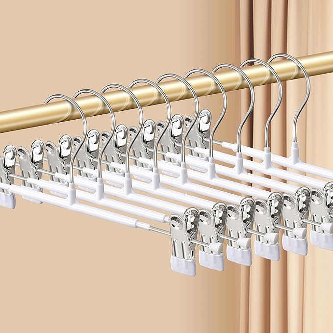 Pants Hangers with Clips 10 Pack Adjustable Skirt Hangers for Women Non-Slip Trousers Hanger for Jeans Clothes Hangers for Pants Heavy Duty Space Saving Shorts Hangers,White,12Inch