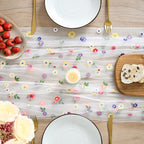 Artoid Mode 3PCS Embroidery Daisy Gauze Table Runner 120 Inch 10FT, Seasonal Sheer Kitchen Dining Holiday Wedding Birthday Table Decor for Home Party