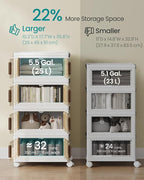 SONGMICS 26QT Plastic Storage Bins with 1 Lid, 4-Tier Stackable Bins with Doors and Wheels, Foldable Storage Boxes, for Closets, Bedroom, Living Room, Office, White URLB445WZ01