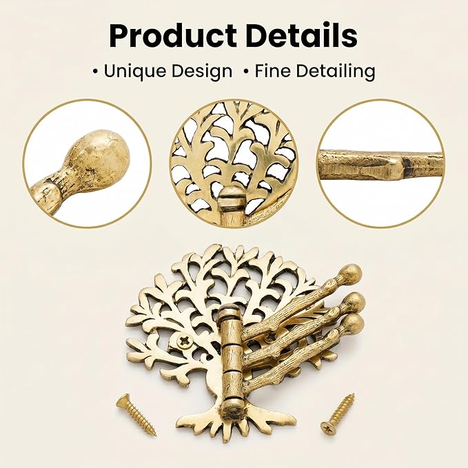 Indian Shelf 33Lb. Brass Tree Swivel Tri Arm Hook Foldable Decorative Wall Hooks 3 Prong Wall Hooks Vintage Towel Hooks Gold Coat Hooks Robe Hook Folding Coat Hooks Hangers