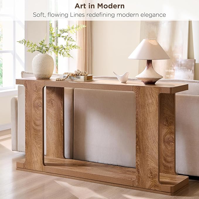 OKD 63 Inch Modern Entryway Console Table, 2-Tier Long Sofa Table Behind Couch with Curved Edge, Wood Farmhouse Narrow Entry Table for Hallway, Living Room, Foyer, Entrance, Light Tree Knot