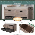 SOFTSEA Storage Bench for Entryway, Upholstered Storage Ottoman with Removable Basket and 2 Drawers, Farmhouse Shoe Bench with Seat Cushion for Entryway, Living Room, Full Assembled, White Wash