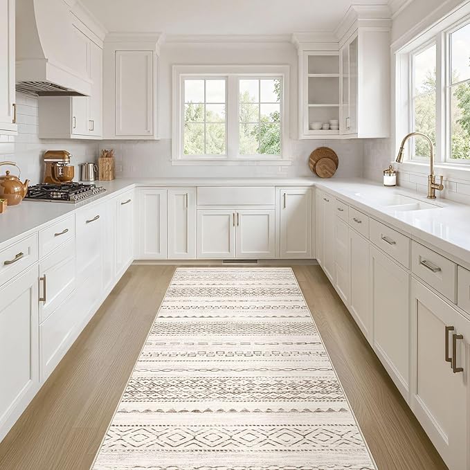 Nakagishi Runner Rug Kitchen Washable Rugs: 2x6 Non-Slip Boho Soft Modern Stain Resistant Indoor Floor Neutral Farmhouse Throw Carpet for Hallway Bathroom Laundry Room Entryway Bedroom- Brown