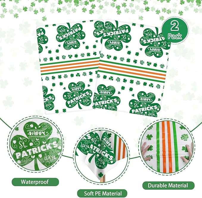St. Patrick's Day Disposable Plastic Tablecloth 2 Pack, Green Shamrock Party Table Cover 54 x 108 Inch Rectangle, Lucky Irish St Patrick's Day Decorations for Holiday Party Supplies