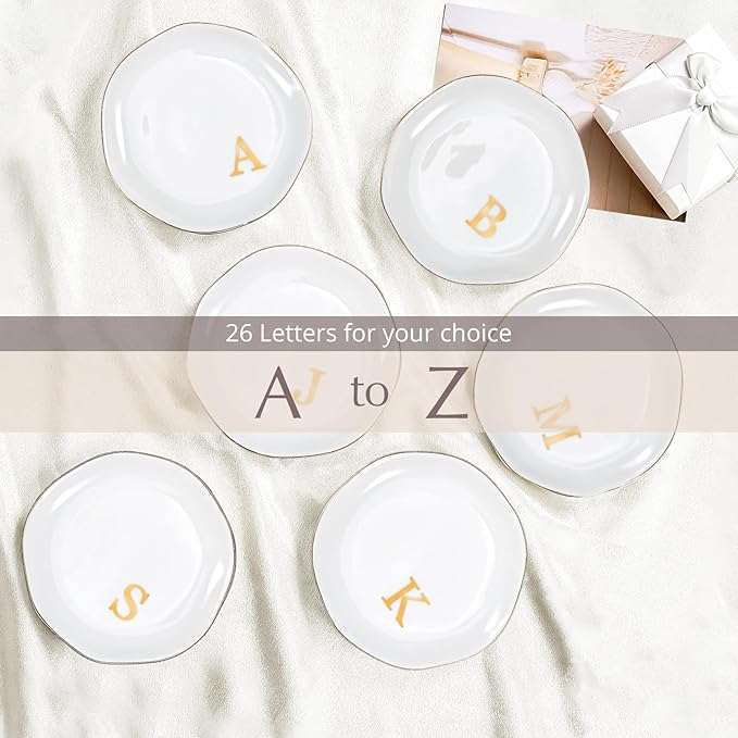 ProCase Ceramic Jewelry Tray, Initial Ring Dish Trinket Plate Engagement Gift, Small Personalized Monogram Ring Bowl for Wedding, White Decorative Jewelry Holder for Women Vanity -Letter J