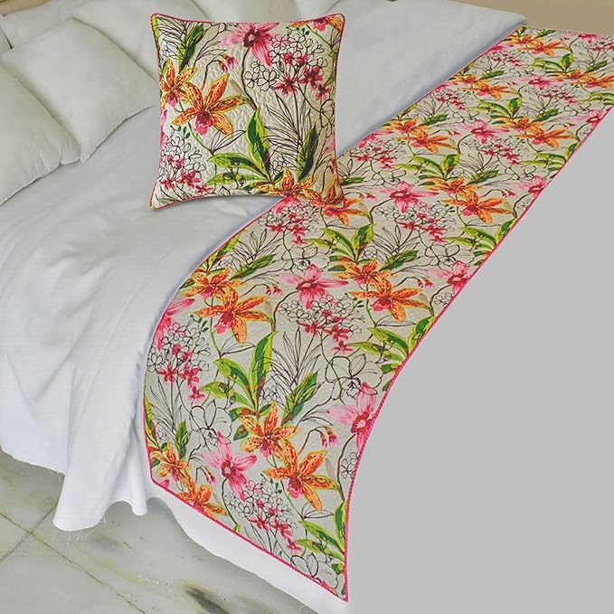 Lily Haven Pink Decorative Bed Runner CA King 86"x18" with Two Pillow Cover, Quilted, Pom Pom Lace Bed Scarf on Cotton Fabric
