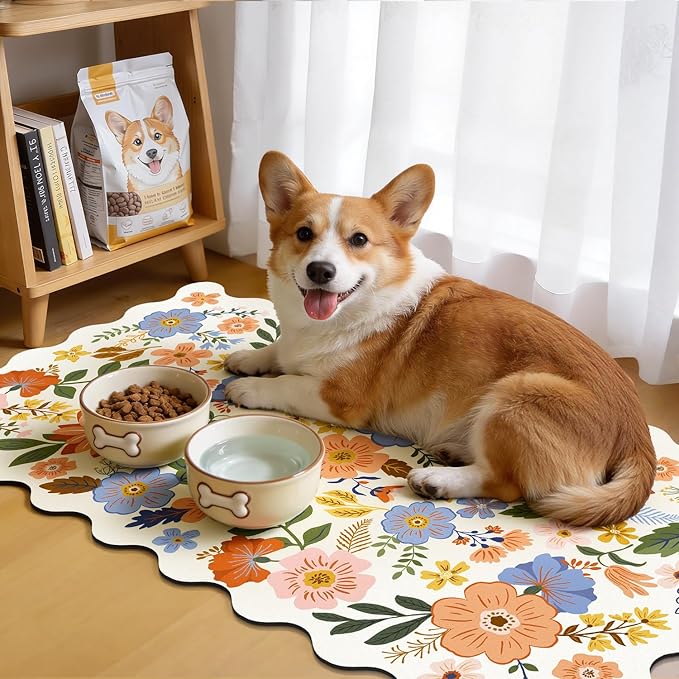 LOKHOM Scalloped Floral Dish Drying Mat, 17"x32" Super Absorbent Coffee Mat with Unique Spring Wildflowers, Cuttable Hide Stain Non-slip Drying Mat for Kitchen Counter Coffee Maker Espresso Machine