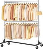 Hoctieon Double Rod Clothes Racks with Z-Base, Adjustable Clothing Rack, Standing Clothes Rack, Metal Clothing Racks for Hanging Clothes, Rolling Garment Rack, Chrome