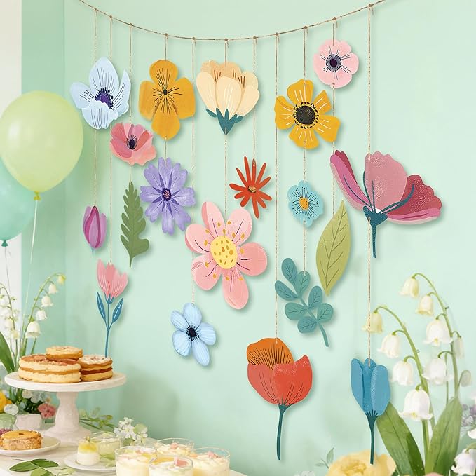 19 PCS Spring Flower Hanging Garland Decorations, DIY Flower Hanging Banner, Floral Ceiling Backdrop Decor for Birthday, Baby Shower, Garden Party Decor