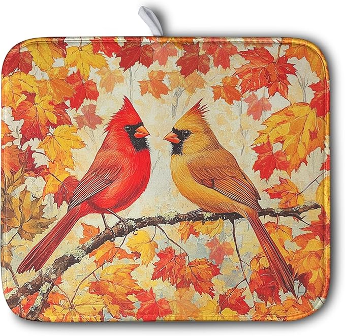 Fall Dish Drying Mats for Kitchen Counter Maple Leaf Cardinal Birds Dish Draining Mat 16x18 Inch Autumn Thanksgiving Dish Rack Mat Microfiber Absorbent Dish Drainer Pad