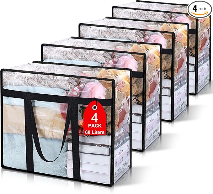 4Pack Clear Blanket Storage Bags, Vinyl Comforter Clothes Storage Closet Organizers and Storage Containers Moving Bags with Reinforced Handle for Bedding, Clothing, Comforters, Pillows, Toys,60L