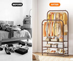 HOMIDEC Double Rods Clothes Rack Clothing Rack with 3 Tier Storage Shelves Clothes Rack for Hanging Clothes Multifunctional Heavy Duty Clothes Organizer for Bedroom,Wardrobe Closet,Shop,Brown