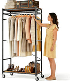 HOKEEPER Heavy Duty Rolling Clothes Rack, Metal Closet Organizer with Wood Shelves, Adjustable 70.9"-79.9" H x 39.3" W Freestanding Wardrobe for Bedroom, Max Load 450 LBS