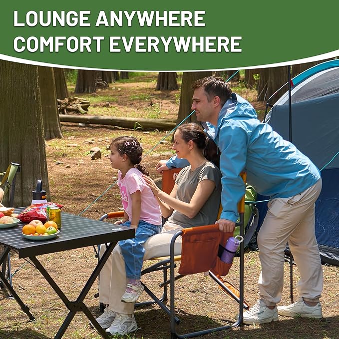 TIMBER RIDGE XXL Director’s Chair – Heavy Duty Folding Chair with Side Table, 500 lb Capacity, Extra Wide Padded Seat for Camping, Sports, Beach, Patio, and Outdoor Use, Orange-2 Pack