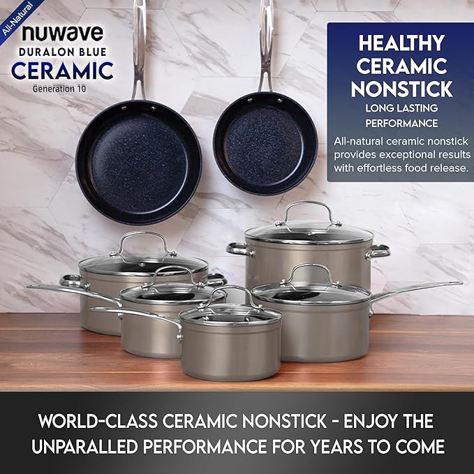 Nuwave Healthy Duralon Blue Ceramic Nonstick Cookware Set, Diamond Infused Scratch-Resistant, PFAS Free, Dishwasher & Oven Safe, Induction Ready & Evenly Heats, Tempered Glass Lids & Stay-Cool Handles