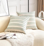 Decorative Boho Throw Pillow Covers, Farmhouse Textured Pillow Case, 18 x 18 Inch Set of 2, Chair Sofa Bedroom Living Room Home Decor Couch Cushion Case, Green and Beige Striped