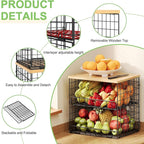 4 Pack Stackable Wire Baskets for Pantry Organizers and Storage, Pantry Baskets with Fixed Wooden Top, Fruit and Vegetable Storage Bins for Organizing Onion Potato Snack for Kitchen Cabinet/Countertop