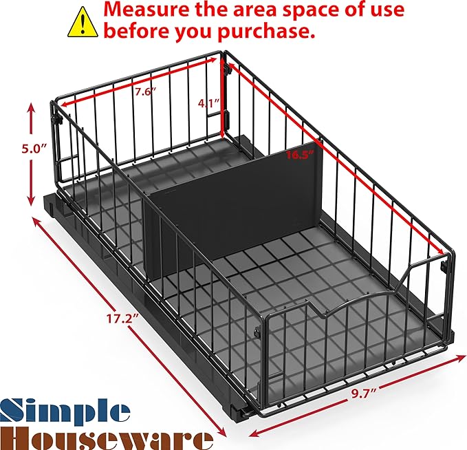 Simple Houseware Pull-Out Cabinet Sliding Basket Organizer, 17.2" D x 9.7" W x 5" H – Black, Ideal for Kitchen and Bathroom Cabinet Storage, Under Sink or Pantry Organization