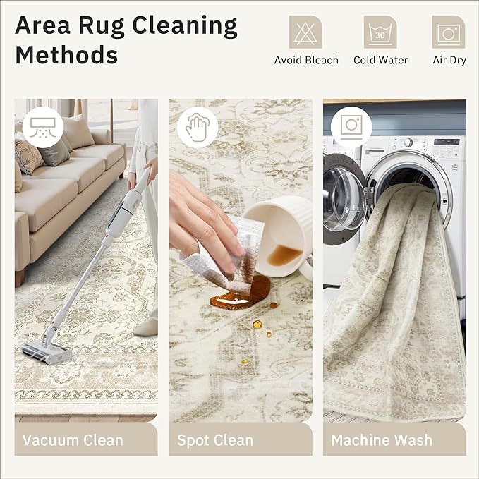 Soalmost 5x8 Area Rugs Beige/Brown Low Pile Indoor Washable Trendy Faded Style Rugs for Bedroom Living Room Dining Room Foldable Non-Slip Thin Print Home Office Mat