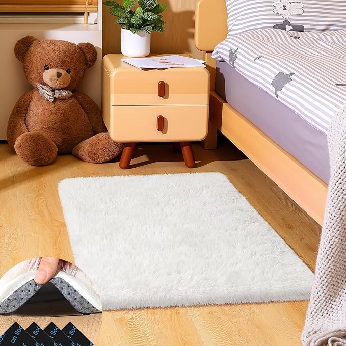 2x3 Cream White Rugs for Bedroom Living Room, Fluffy Small Area Rug Soft Shag Carpet for Kids Boys and Girls Room with 4 Rugs Non-Slip Stickers Dorm Home Decor (2ft x 3ft)