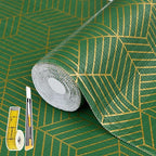 Shelf Liners for Kitchen Cabinets 12in x 20FT, Non Adhesive Cabinet Liner Strong Non-Slip Thickened Gold Green Geometric Drawer Liner, Easy to Clean for Shelf, Cabinet with Knife and Tape Measure