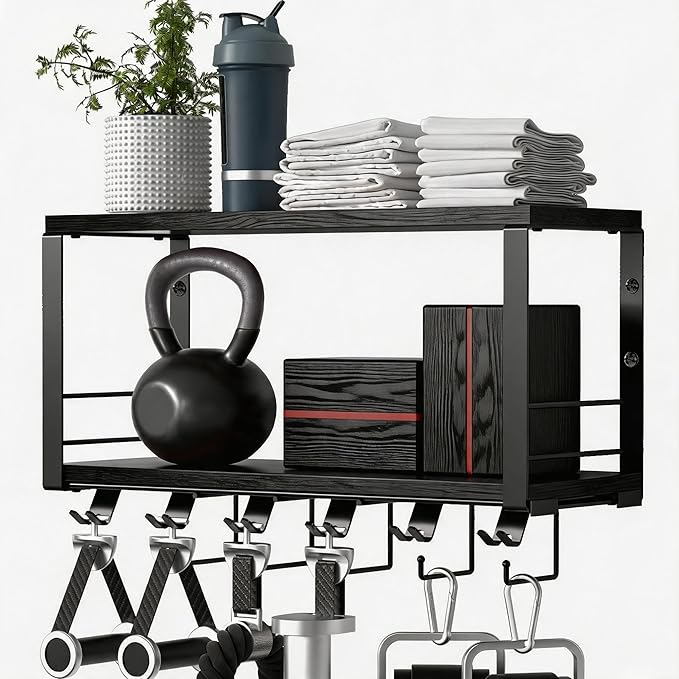 TJ.MOREE 2 Tier Floating Shelf Compatible with Tonal Accessories, T-Bracket Lock Adapters Hanger, Wall Mount Home Gym Storage Rack for Fitness Equipment, Black