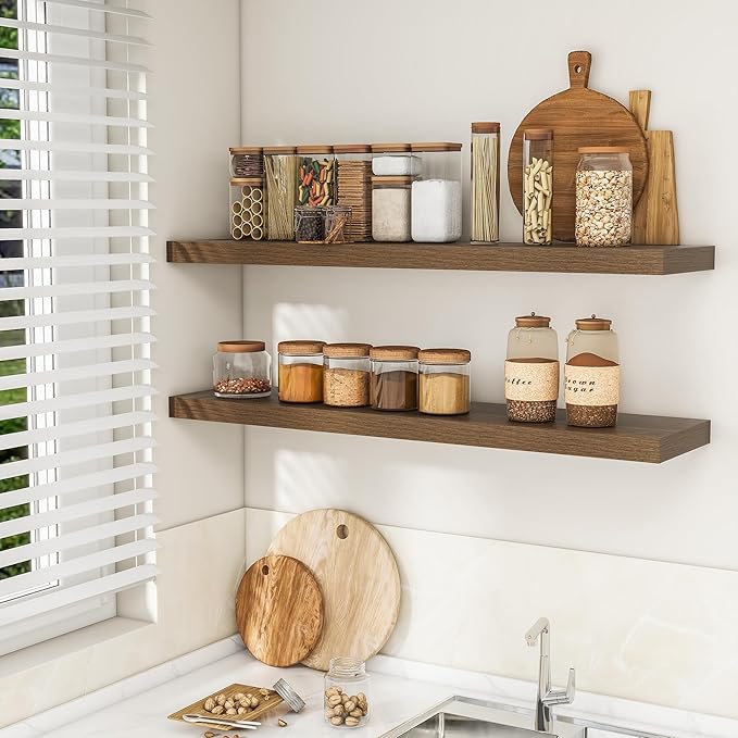 RICHFOCUS 48Inch Floating Shelves for Wall 1 Pack Shelves for Bedroom|Kitchen|Bathroom Wall Mounted Rustic Wood Floating Shelf with Invisible Brackets for Books|Storage|Decor, Walnut