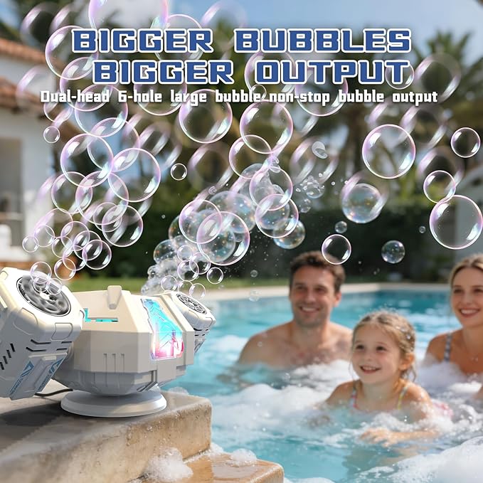 Rechargeable Dual-Nozzle Bubble Machine, 360° Auto Rotation Bubble Blower with Remote Control & RGB Lights, 30k Bubbles/Min, USB-C Bubble Maker for Kids Toddlers Parties Wedding Outdoor Birthday Gift