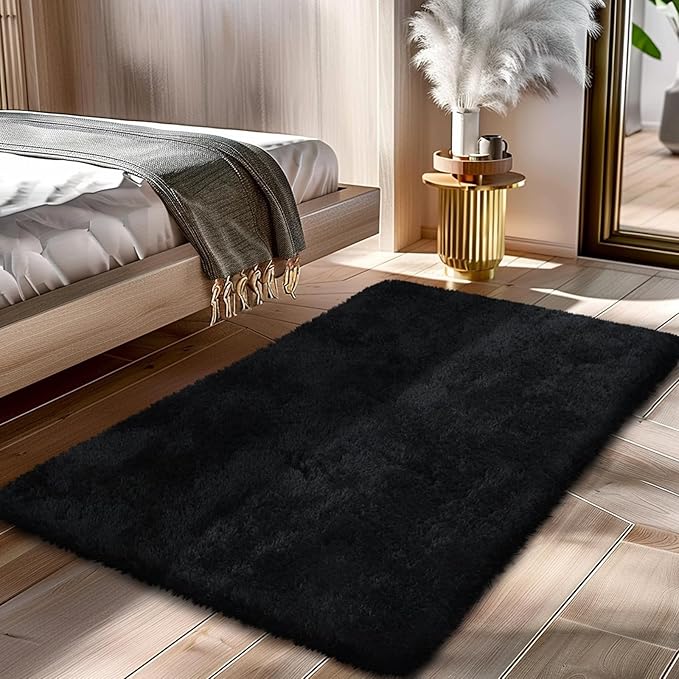 Fluffy Rug Shaggy Area Rug, Black 2x4 Area Rugs for Bedroom, Small Bedside Rug, Soft Fluffy Shaggy Entryway Throw Rugs for Living Room Bedroom Kids Room Home Decor