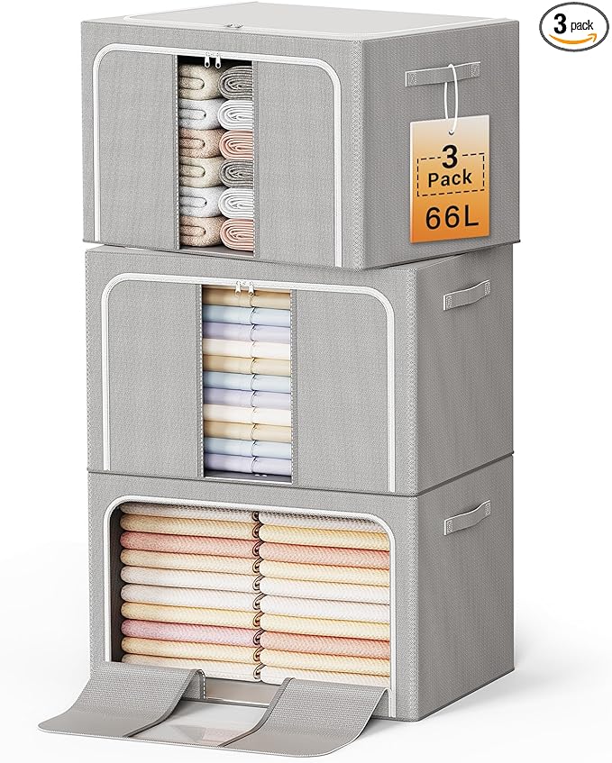 Clothes Storage Bins with Metal Frame Foldable Storage Box Clothes Organizers Storage Containers for Clothes Sheets Blankets Books Toys Gifts and Holiday Decorations (66Lx3 Pack)